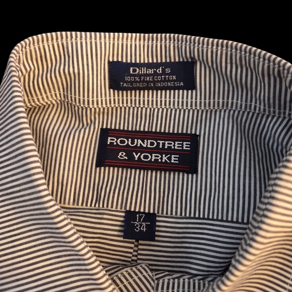 Roundtree & Yorke Gray And White Dress Shirt with Classic Collar Neck Size 17/34 - Picture 4 of 6